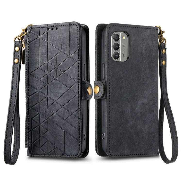 For Nokia G11/G21 Geometric Zipper Wallet Side Buckle Leather Phone Case(Black) - Nokia Cases by buy2fix | Online Shopping UK | buy2fix