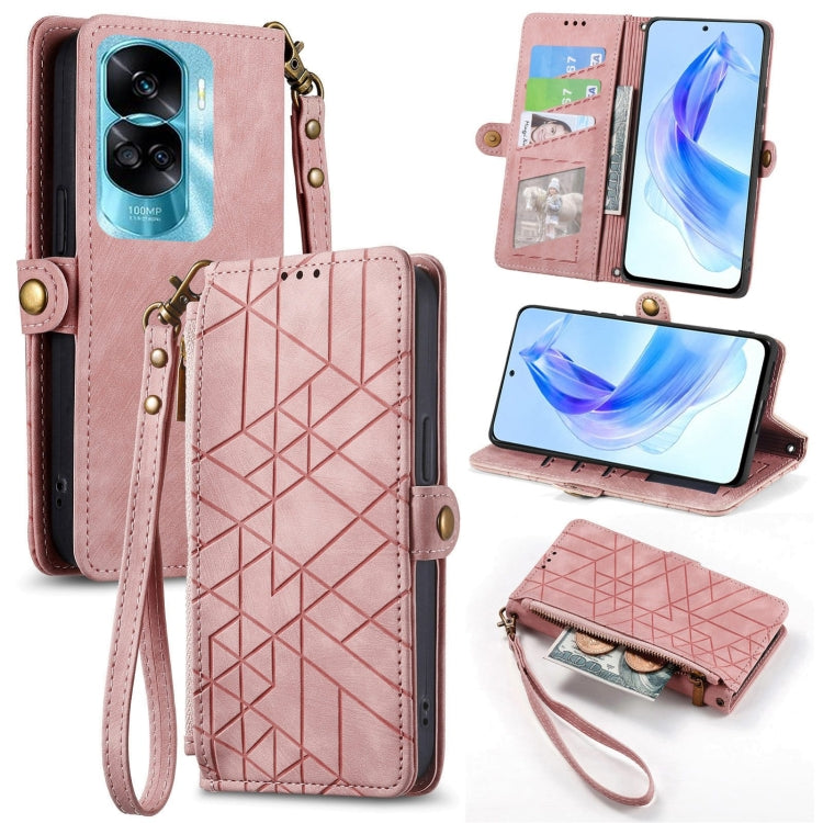 For Honor 90 Lite / X50i Geometric Zipper Wallet Side Buckle Leather Phone Case(Pink) - Honor Cases by buy2fix | Online Shopping UK | buy2fix
