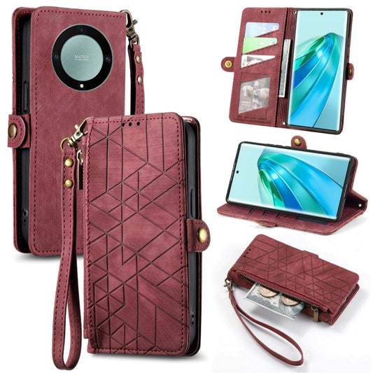 For Honor X9A Geometric Zipper Wallet Side Buckle Leather Phone Case(Red) - Honor Cases by buy2fix | Online Shopping UK | buy2fix