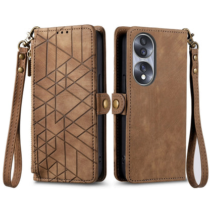 For Honor X7A Geometric Zipper Wallet Side Buckle Leather Phone Case(Brown) - Honor Cases by buy2fix | Online Shopping UK | buy2fix