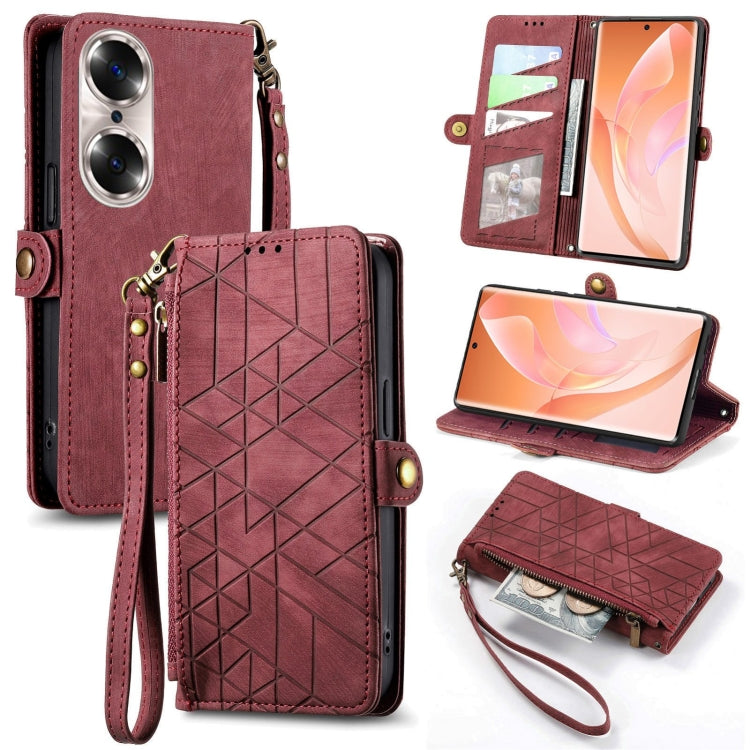 For Honor 60 Geometric Zipper Wallet Side Buckle Leather Phone Case(Red) - Honor Cases by buy2fix | Online Shopping UK | buy2fix