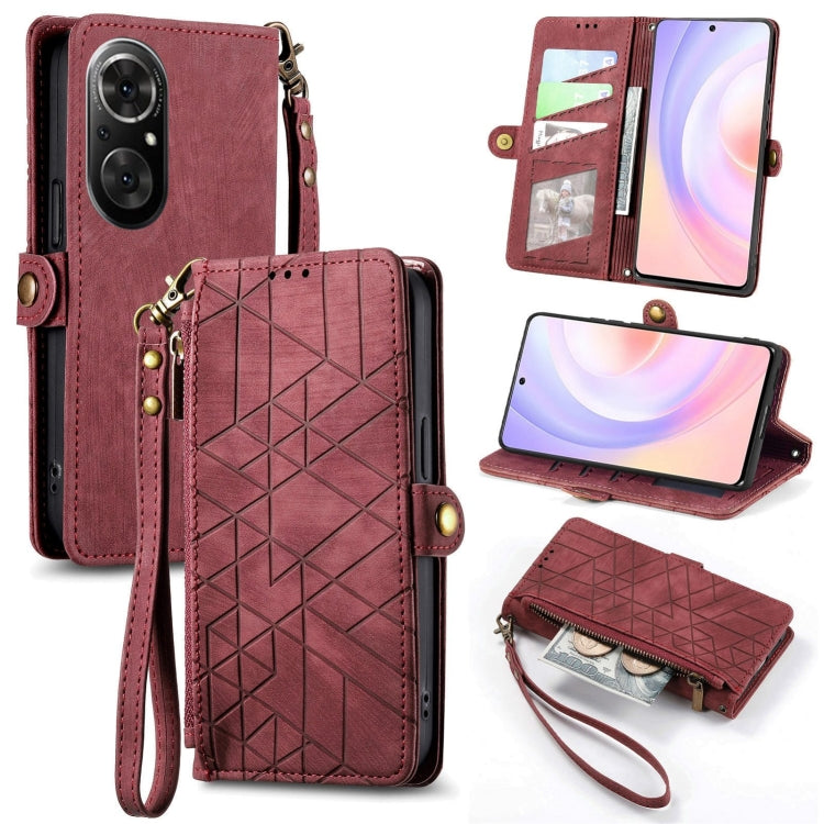 For Honor 50 SE Geometric Zipper Wallet Side Buckle Leather Phone Case(Red) - Honor Cases by buy2fix | Online Shopping UK | buy2fix