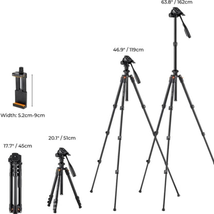 K&F Concept KF09.115 For DSLR Camera Phone Holder Stand 64inch Lightweight Aluminum Tripod - Tripods by K&F | Online Shopping UK | buy2fix