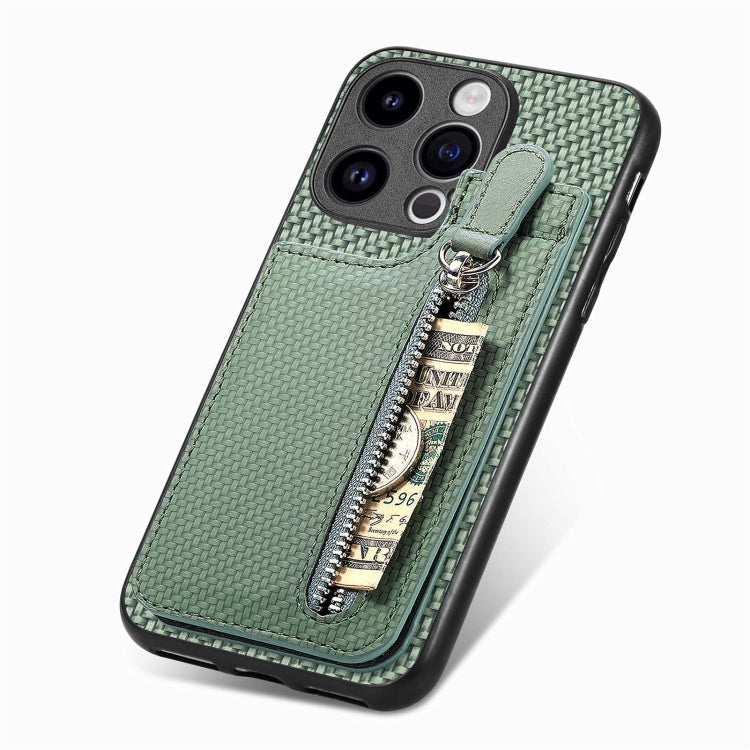 For iPhone 15 Pro Max Carbon Fiber Vertical Flip Zipper Phone Case(Green) - iPhone 15 Pro Max Cases by buy2fix | Online Shopping UK | buy2fix