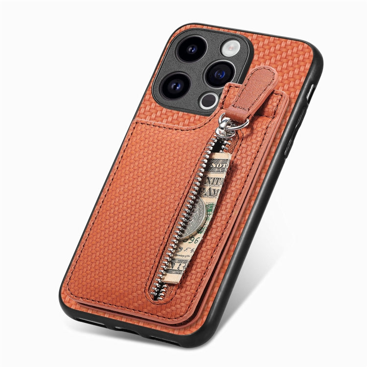 For iPhone 15 Pro Max Carbon Fiber Vertical Flip Zipper Phone Case(Brown) - iPhone 15 Pro Max Cases by buy2fix | Online Shopping UK | buy2fix