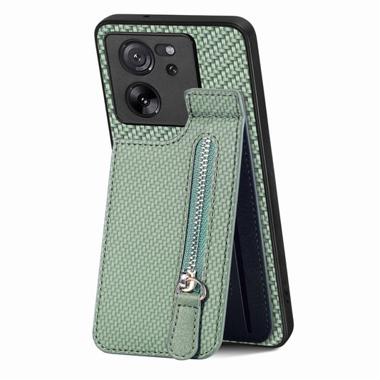 For Xiaomi 13T / 13T Pro Carbon Fiber Vertical Flip Zipper Phone Case(Green) - Xiaomi Cases by buy2fix | Online Shopping UK | buy2fix