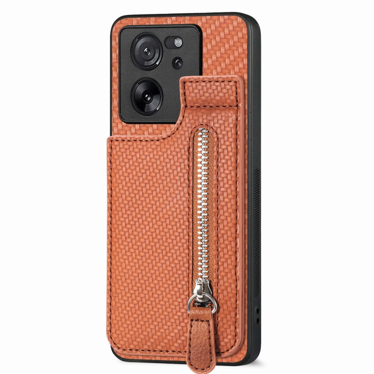 For Xiaomi 13T / 13T Pro Carbon Fiber Vertical Flip Zipper Phone Case(Brown) - Xiaomi Cases by buy2fix | Online Shopping UK | buy2fix