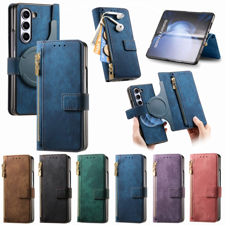 For Samsung Galaxy Z Fold4 Retro MagSafe Magnetic Zipper Wallet Leather Phone Case(Blue) - Galaxy Z Fold4 5G Cases by buy2fix | Online Shopping UK | buy2fix
