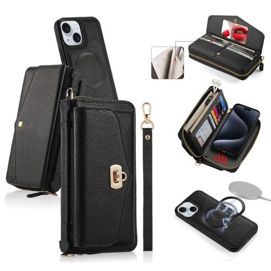 For iPhone 15 Plus MagSafe Crossbody Multi-functional Zipper Wallet Litchi Leather Phone Case(Black) - iPhone 15 Plus Cases by buy2fix | Online Shopping UK | buy2fix