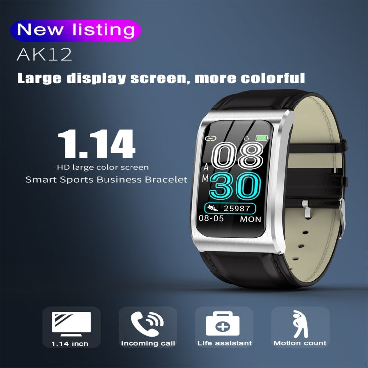 AK12 1.14 inch IPS Color Screen Smart Watch IP68 Waterproof,Leather Watchband,Support Call Reminder /Heart Rate Monitoring/Blood Pressure Monitoring/Sleep Monitoring/Predict Menstrual Cycle Intelligently(Black) - Smart Wear by buy2fix | Online Shopping UK | buy2fix