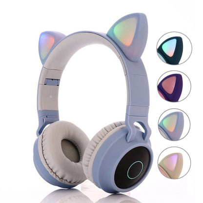 BT028C Cute Cat Ear Bluetooth 5.0 Headphones Foldable On-Ear Stereo Wireless Headset Headphone with Mic / LED Light / FM Radio / TF Card(Gray) - Headset & Headphone by buy2fix | Online Shopping UK | buy2fix