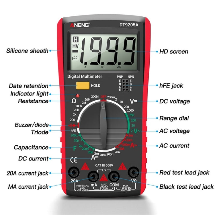 ANENG Automatic High-Precision Intelligent Digital Multimeter, Model:DT9205A HOLD Key(Red) - Consumer Electronics by ANENG | Online Shopping UK | buy2fix
