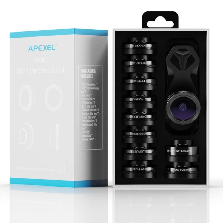 APEXEL APL-DG11 11 in 1 Multifunctional Fisheye Wide-angle Macro Polarized Starlight Gradient Filter Set Universal Mobile Phone Lens Set - Macro & Wide-angle by APEXEL | Online Shopping UK | buy2fix