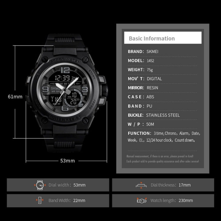 SKMEI 1452 Outdoor Sports Electronic Watch Multifunctional Waterproof Watch(Black) - Leather Strap Watches by SKMEI | Online Shopping UK | buy2fix