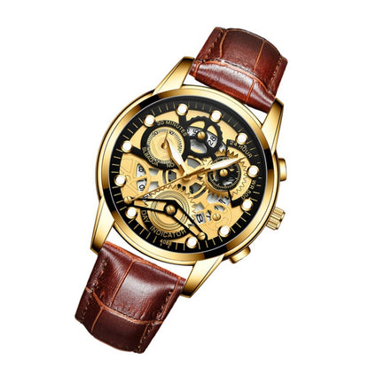FNGEEN 4088 Men Hollow Quartz Watch Student Waterproof Luminous Watch(Brown Leather Full Gold Black Surface) - Alloy Watches by FNGEEN | Online Shopping UK | buy2fix