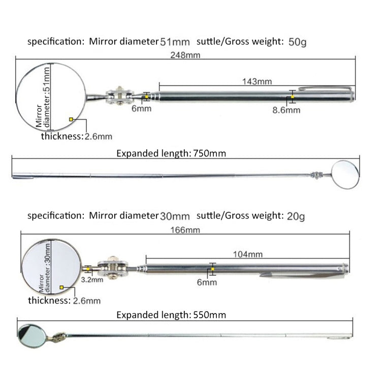 3 PCS Car Repair Detection Mirror Universal Folding Telescopic Mirror Welding Chassis Inspection Mirror, Model: Silver 50mm - In Car by buy2fix | Online Shopping UK | buy2fix