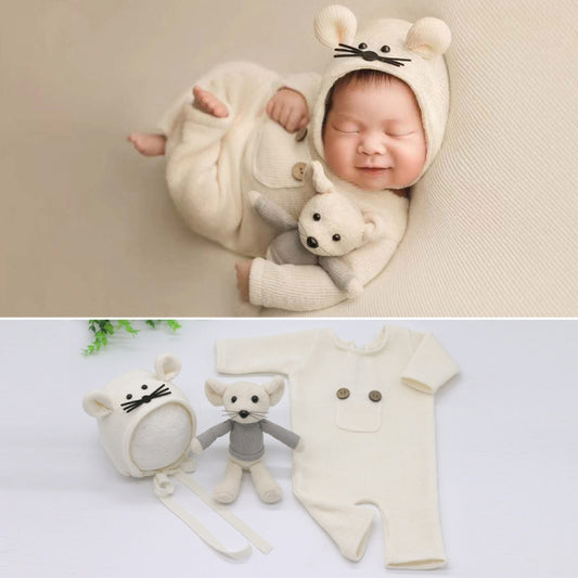 Newborn Photography Clothing Baby Knitted Jumpsuit + Hat + Mouse Doll Three-Piece Set(White) - Camera Accessories by buy2fix | Online Shopping UK | buy2fix