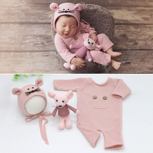Newborn Photography Clothing Baby Knitted Jumpsuit + Hat + Mouse Doll Three-Piece Set(Pink) - Camera Accessories by buy2fix | Online Shopping UK | buy2fix