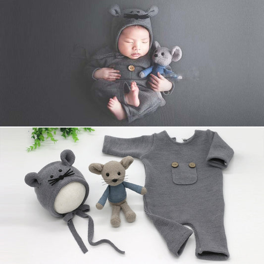 Newborn Photography Clothing Baby Knitted Jumpsuit + Hat + Mouse Doll Three-Piece Set(Grey) - Camera Accessories by buy2fix | Online Shopping UK | buy2fix