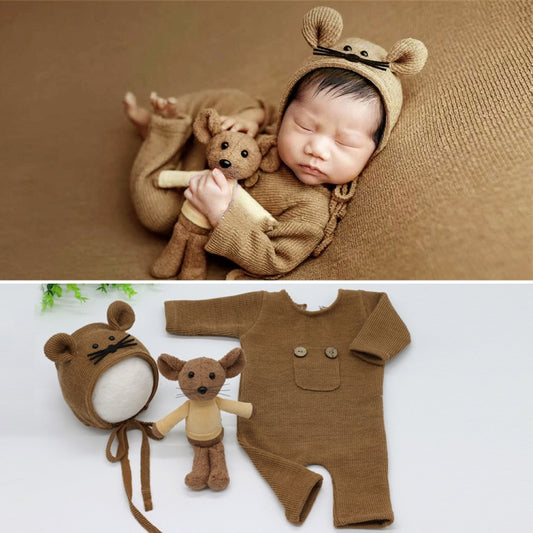 Newborn Photography Clothing Baby Knitted Jumpsuit + Hat + Mouse Doll Three-Piece Set(Brown) - Camera Accessories by buy2fix | Online Shopping UK | buy2fix