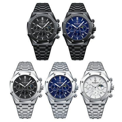 BINBOND B0161 Multifunctional Luminous Waterproof Business Quartz Watch, Color: White Steel-Black - Metal Strap Watches by BINBOND | Online Shopping UK | buy2fix