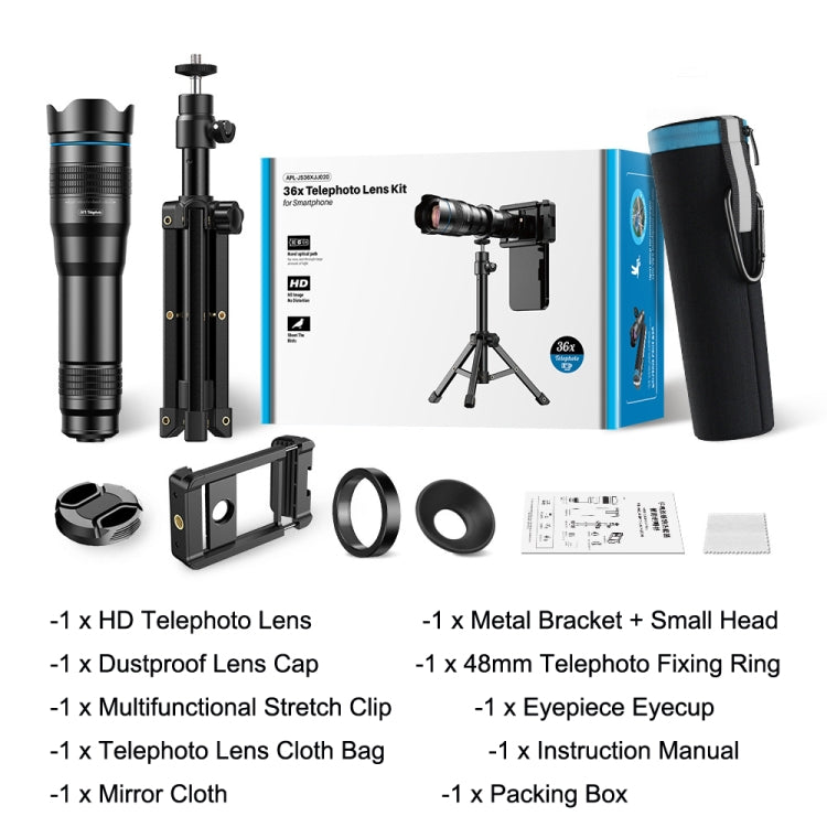 Apexel APL-36XJJ020 36X HD Telescope Universal Telephoto Phone Lens + Clip + Tripod Set - Macro & Wide-angle by APEXEL | Online Shopping UK | buy2fix