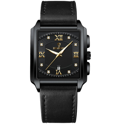 BINBOND B4143 Rectangular Outdoor Men Waterproof Quartz Watches(Black Leather-Black Steel-Gold) - Metal Strap Watches by BINBOND | Online Shopping UK | buy2fix