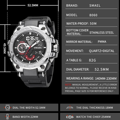 SMAEL 8060 Waterproof Sports Alloy Men Watch Luminous Display HD Mirror Watch(Silver) - LED Digital Watches by SMAEL | Online Shopping UK | buy2fix