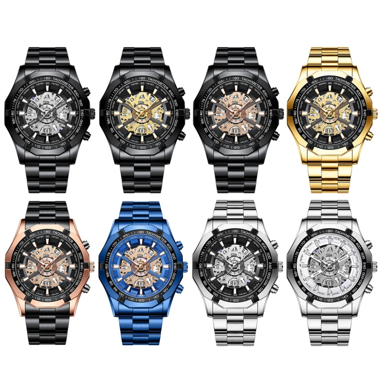 BINBOND S033 Hollowed Mechanical 30m Waterproof Luminous Quartz Watch, Color: Black Steel-Black-Gold - Metal Strap Watches by BINBOND | Online Shopping UK | buy2fix