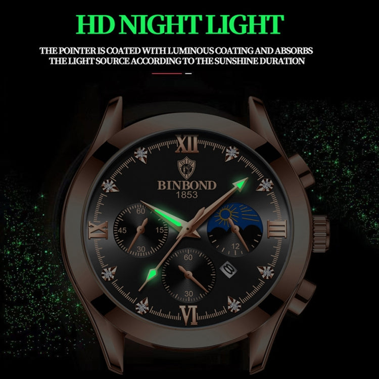 BINBOND B3591 30m Waterproof Luminous Calendar Men Watch, Color: Black Leather-White-Black - Leather Strap Watches by BINBOND | Online Shopping UK | buy2fix