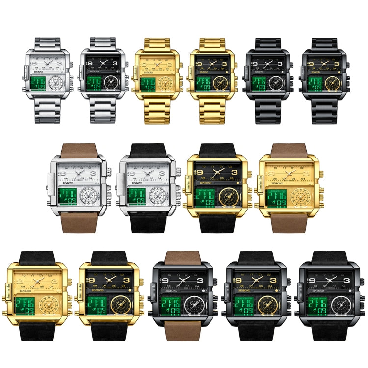 BINBOND B3332 Square Multifunctional Sports Quartz Waterproof Watch(Black Leather-Full-gold-Black) - Leather Strap Watches by BINBOND | Online Shopping UK | buy2fix