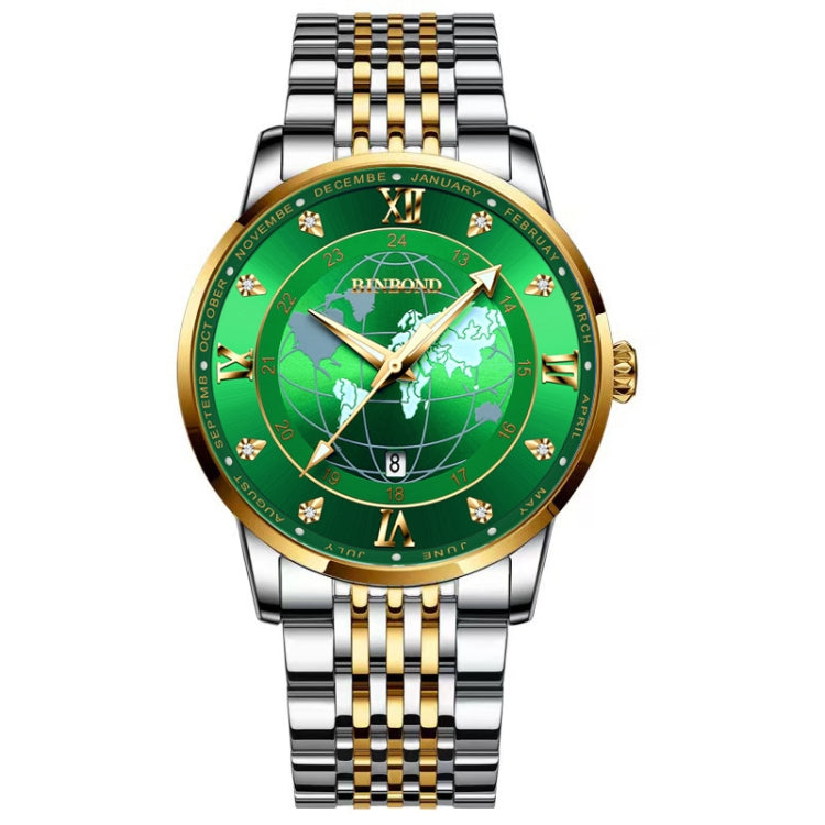 BINBOND B1117 30M Waterproof Earth Dial Butterfly Buckle Luminous Quartz Watch(Inter-gold-Green) - Metal Strap Watches by BINBOND | Online Shopping UK | buy2fix