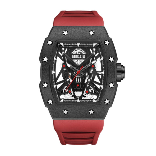 BAOGELA 224145 Barrel Skeleton Waterproof Sports Stainless Steel Silicone Men Watch(Black Shell Red Belt) - Silicone Strap Watches by BAOGELA | Online Shopping UK | buy2fix