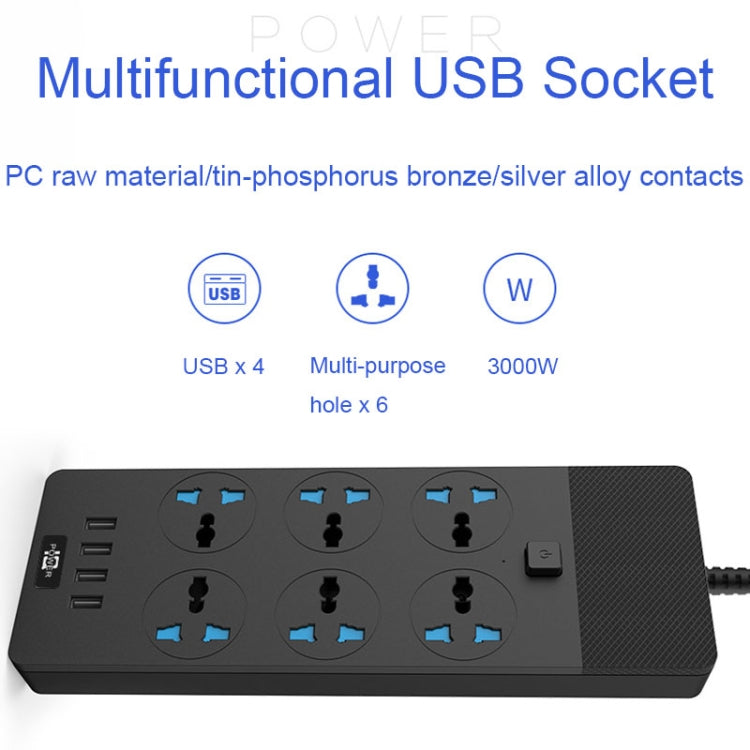 TB-T12 3000W 2m 4-USB Ports + 6-Jacks Multifunctional Flame-Retardant Socket With Switch(EU Plug) - Extension Socket by buy2fix | Online Shopping UK | buy2fix