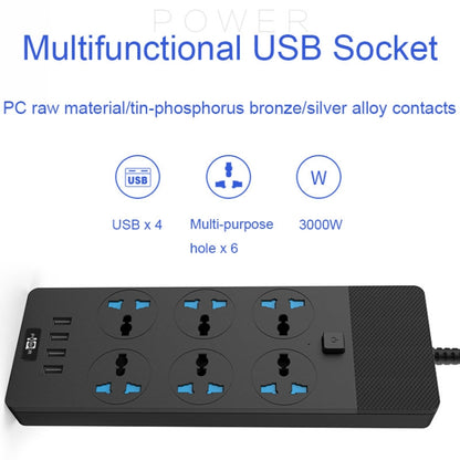 TB-T12 3000W 2m 4-USB Ports + 6-Jacks Multifunctional Flame-Retardant Socket With Switch(EU Plug) - Extension Socket by buy2fix | Online Shopping UK | buy2fix