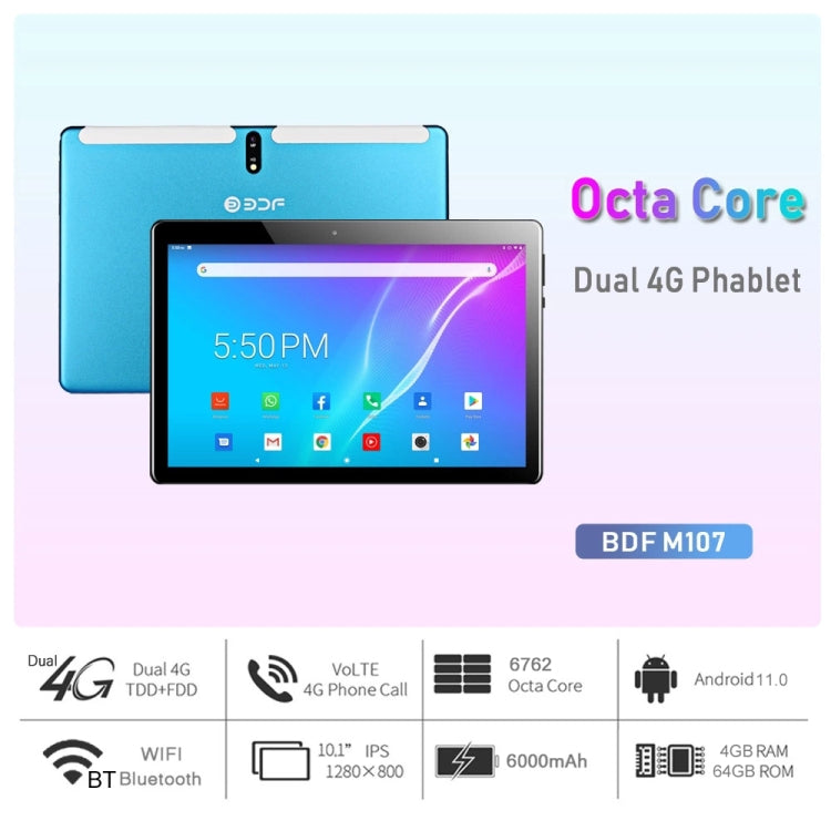 BDF M107 4G Phone Call Tablet PC, 10.1 inch, 4GB+64GB, Android 11, MTK6762 Octa Core, Support Dual SIM & Bluetooth & WiFi & GPS, EU Plug(Blue) - BDF by buy2fix | Online Shopping UK | buy2fix